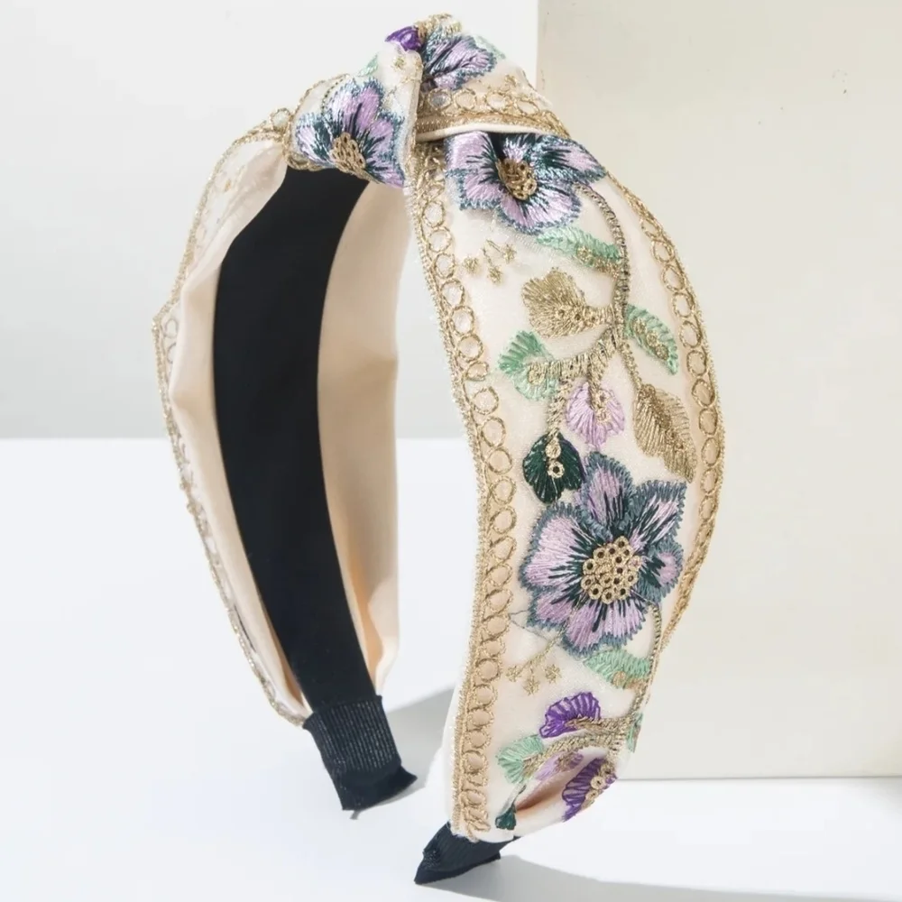 Embroidered Floral Headband - Cream with Purple Flowers Gold Accents